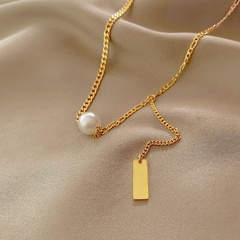 Fashion Trend Pearl Titanium Steel Necklace Square Brand Pendant Light Luxury Necklace