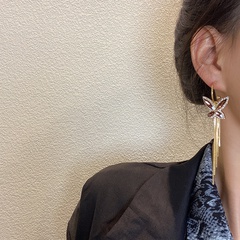Korean simple exaggerated full diamond earrings long tassel butterfly earrings