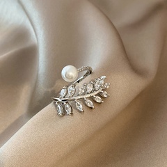 Fashion geometric zircon leaf pearl copper ring female