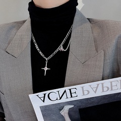 Fashion zircon cross titanium steel necklace female double layer stitching pendant