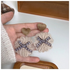 Korean autumn and winter khaki woolen flower lattice ribbon earrings women