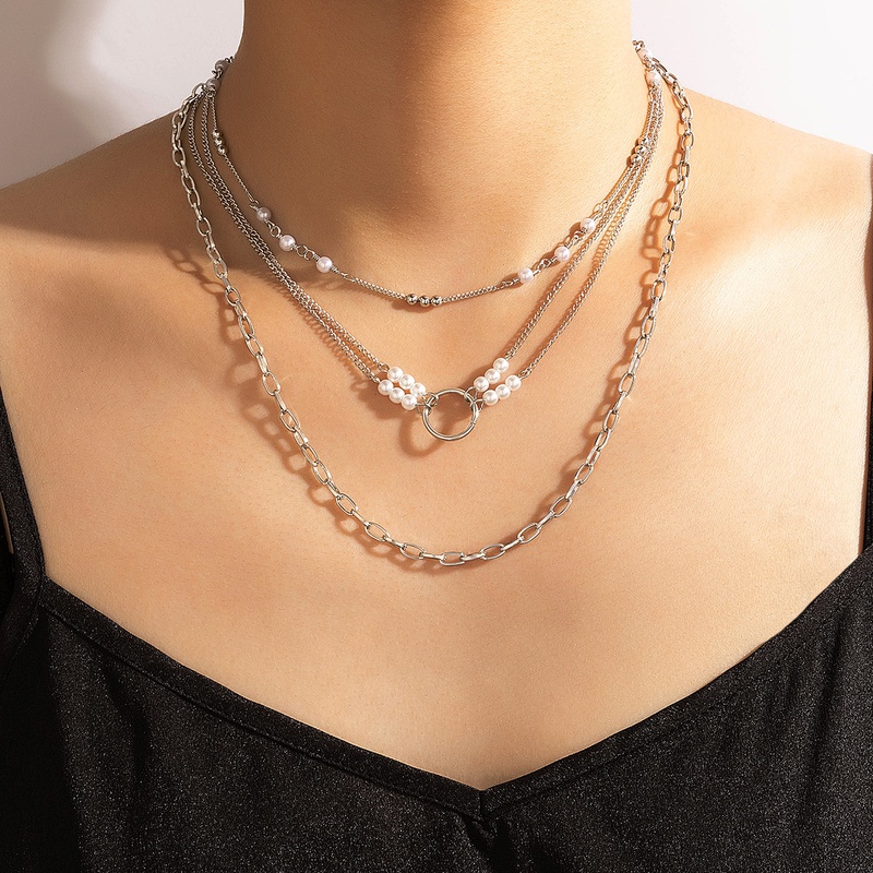 Fashion Simple Jewelry Pearl Ring Multilayer Necklace Geometric Chain Three Layer Necklace
