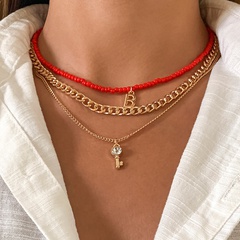 pendentif en forme de serrure en strass incrusté rétro collier de chaîne de perles de riz tissées créatives