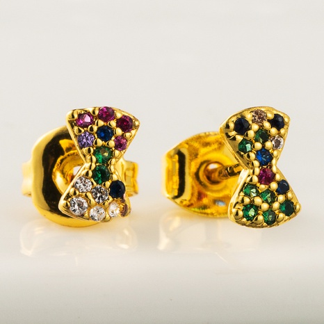 European and American brass micro-inlaid color zircon real gold bow earrings wholesale NHYIS506177's discount tags