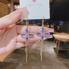 Boucles d'oreilles en diamant en alliage de papillon de fleur de cristal violet longue coréenne