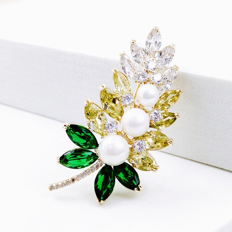 color zircon leaf pearl brooch fashion sweater corsage pin anti-empty NHLJ506595's discount tags