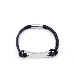Men's black genuine leather titanium steel bracelet