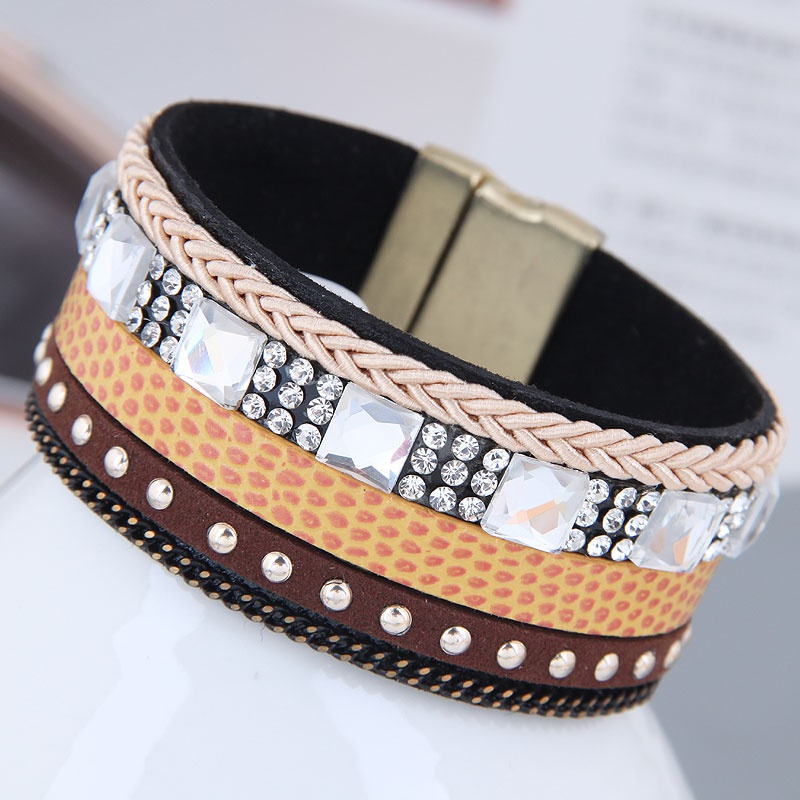 simple flashing diamond leather fabric wide magnetic buckle bracelet