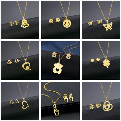 European and American hip-hop bear necklace earrings set stainless steel geometric jewelry's discount tags