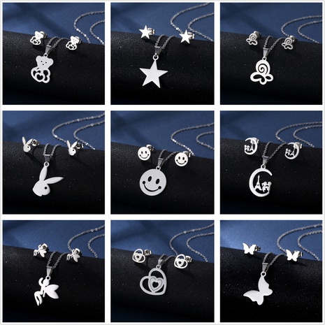 Stainless steel necklace earrings set wholesale fashion heart bear two-piece set's discount tags
