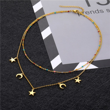 European and American double-layer star moon dripping oil stainless steel sweater clavicle chain's discount tags