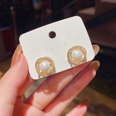 simple wild retro pearl circle zircon Korean copper earrings