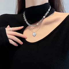 European and American double-layer titanium steel necklace retro pearl sweater chain
