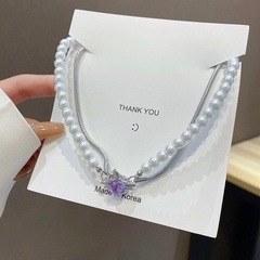 Retro style double layer pearl titanium steel necklace purple rhinestone sweater chain