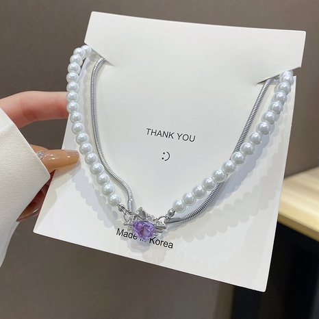 Doppellagige Perlenkette aus Titanstahl im Retro-Stil lila Strass-Pulloverkette's discount tags