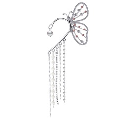 hot sale inlaid rhinestone butterfly earrings creative personality flashing diamond chain pearl tassel ear clip