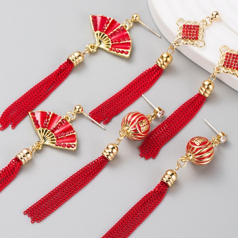 fashion alloy rhinestone long tassel earrings national tide style red earrings NHLN544589's discount tags