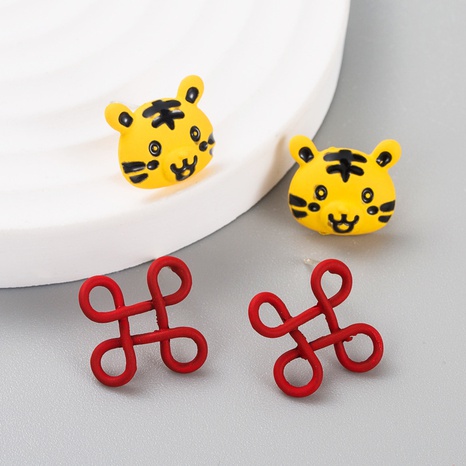 simple and small alloy paint Chinese knot earrings cute tiger earrings NHLN544594's discount tags