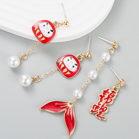 creative new year red koi alloy oil drop pearl asymmetric earrings NHLN544600's discount tags