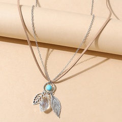 ethnic leaf creative retro blue stone crystal sweater chain necklace