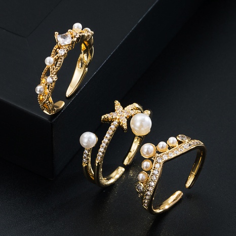 trend kupfer vergoldet mikro-intarsiert zirkon eingelegte perle geometrischer ring weiblich's discount tags