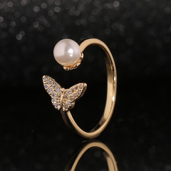 New Women's Fashion Hand Jewelry Pearl Butterfly Copper Zircon Open Ring