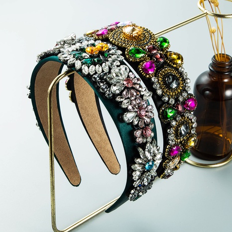 Accessoires pour cheveux rétro à larges bords en tissu à fleurs en diamant et vitrail incrusté de style baroque's discount tags