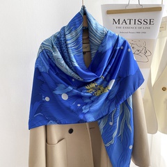 Goldfish peony figure classic style blue twill 140cm square scarf shawl