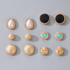 simple pearl inlaid geometric black alloy earrings set
