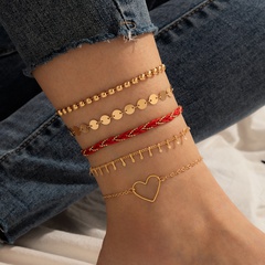 Hollow Heart Woven Multilayer Anklet Geometric Disc Chain Anklet