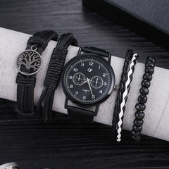 5PCS men's black trend simple Roman leather bracelet quartz watch set