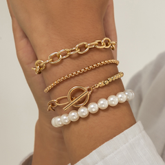 hollow simple retro temperament pearl braided button beaded bracelet