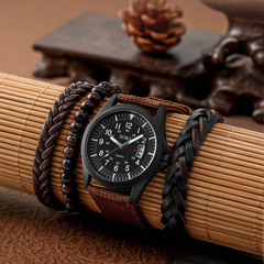 Herren-Set Uhr und Armband Einfacher runder Zeiger Datum Nylonband Quarzuhr