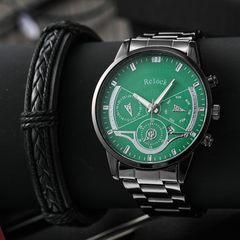 Men's Set Watch Fashion Round Pointer Stainless Steel Calendar Quartz Watch