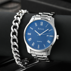 Conjunto de reloj para hombre, moda, puntero redondo, banda de acero, esfera azul, calendario, reloj de cuarzo
