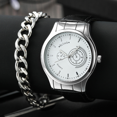 Men's Set Watch and Bracelet Fashion Round Pointer Leather Calendar Quartz Watch