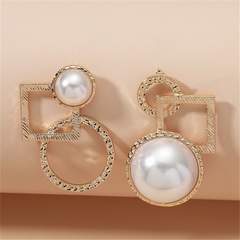 Korean circle diamond hollow square asymmetric pearl stainless steel earrings