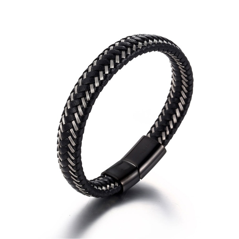simple contrast color leather black titanium steel bracelet