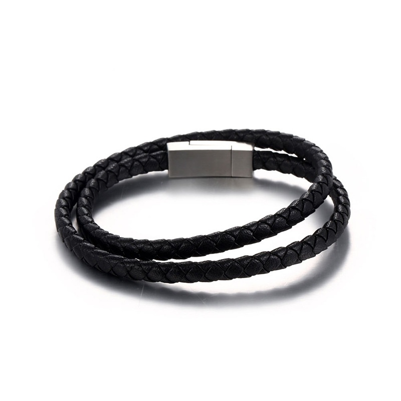 titanium steel buckle leather woven doublelayer leather rope retro hand rope bracelet