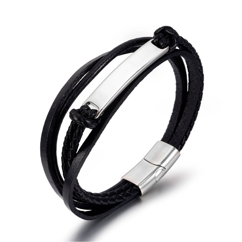 retro black braided stainless steel mens simple smooth leather bracelet
