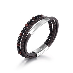 Mode multicouche couture en cuir chaîne de perles rondes bracelet pour hommes boucle en acier au titane