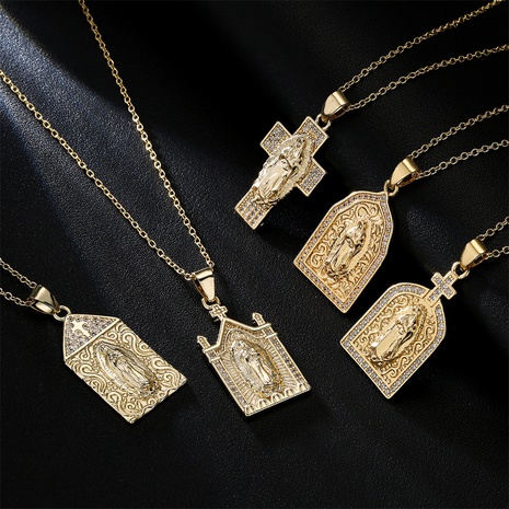 new European and American Virgin Mary pendant copper real gold-plated zircon necklace's discount tags