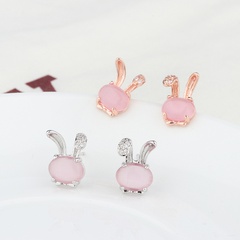 Korean version of hibiscus gemstone pink crystal bunny earrings