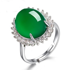 New ethnic style silver-plated green chalcedony copper ring
