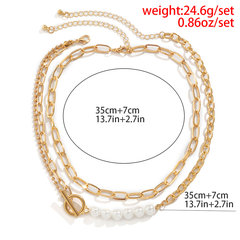 Fashion retro stitching imitation pearl braided clavicle necklace stacking metal double layer necklace