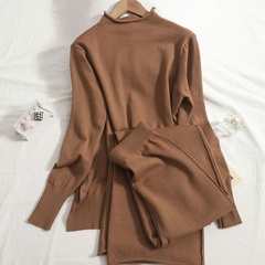 slit half-high collar top all-match solid color wide-leg pants trousers knitted two-piece suit