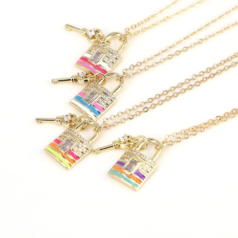 European and American multicolor dripping oil heart lock key pendant necklace's discount tags