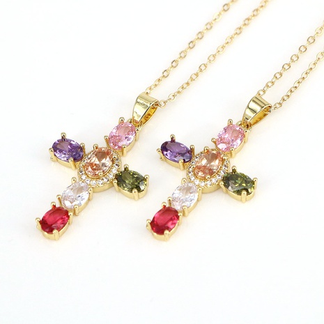 fashion copper micro-inlaid color zircon cross necklace  NHWEI550562's discount tags