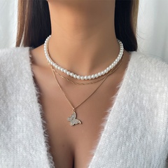 Mode Perlen Diamant Schmetterling mehrschichtige Halsketten