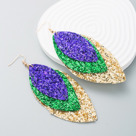 fashion new three-layer PU leather shiny leaf Bohemian Carnival earrings NHLN555027's discount tags